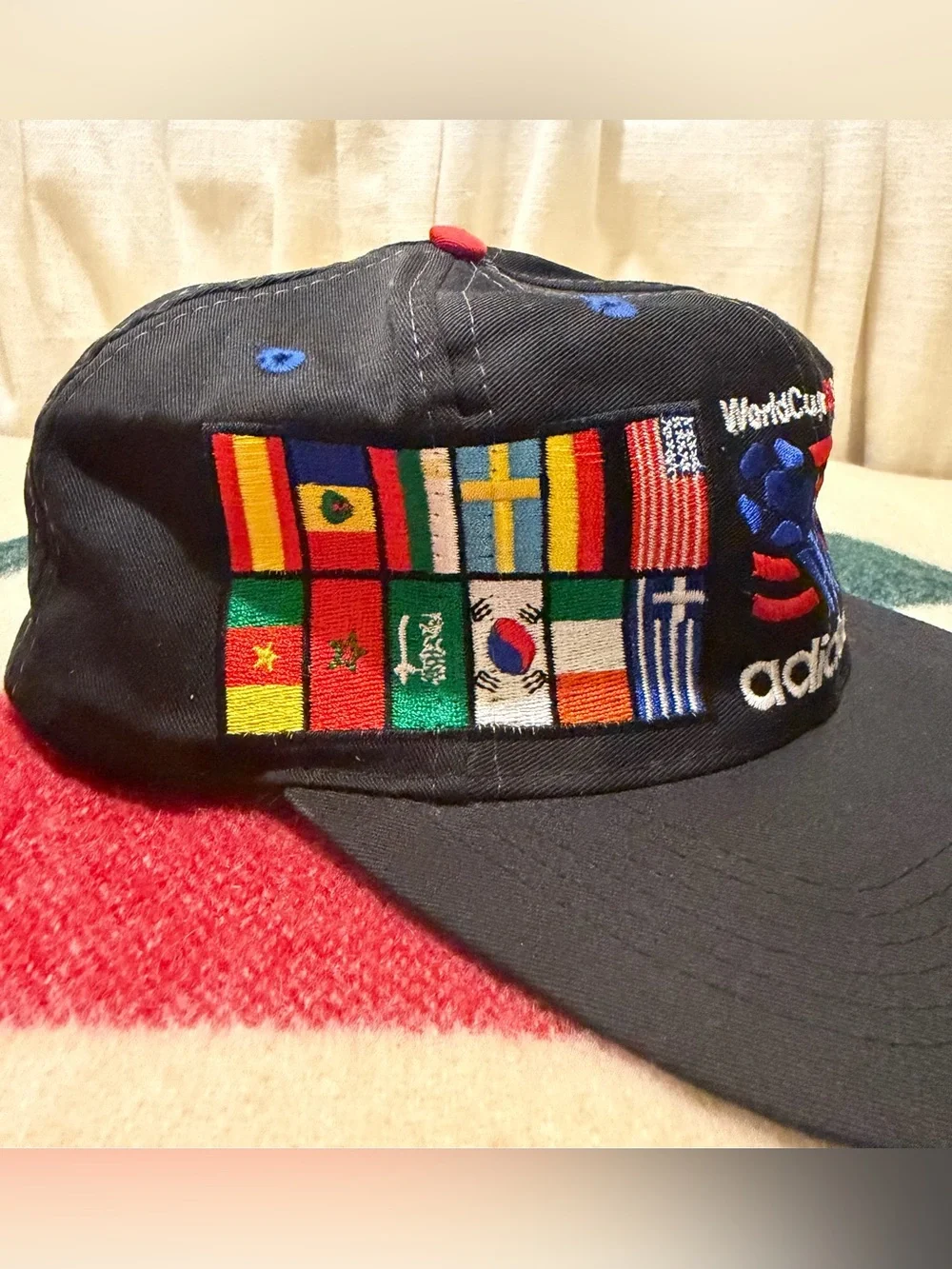 Vintage 90s Adidas Soccer World Cup Hat Cap Snap Back Black Flags Countries